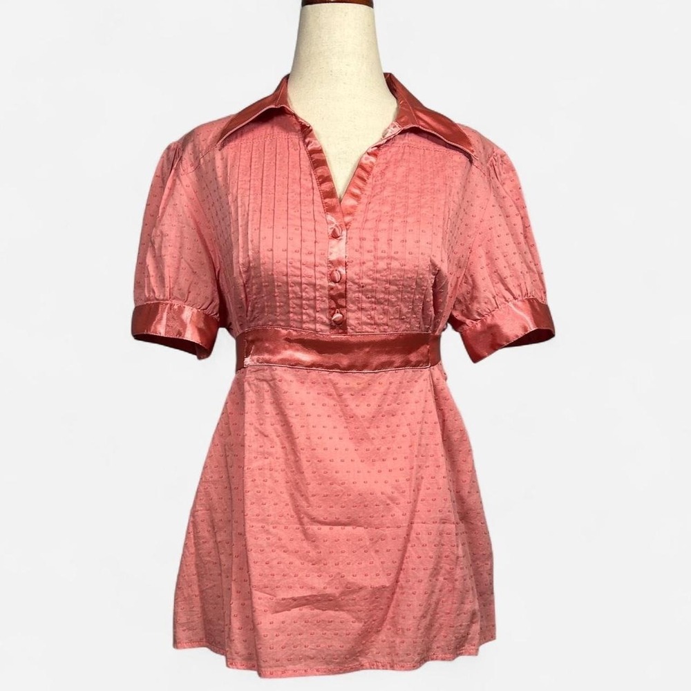 Y2K Pink Textured Polka Dot Puff Sleeve Babydoll Top Waist Tie Womens L Coquette